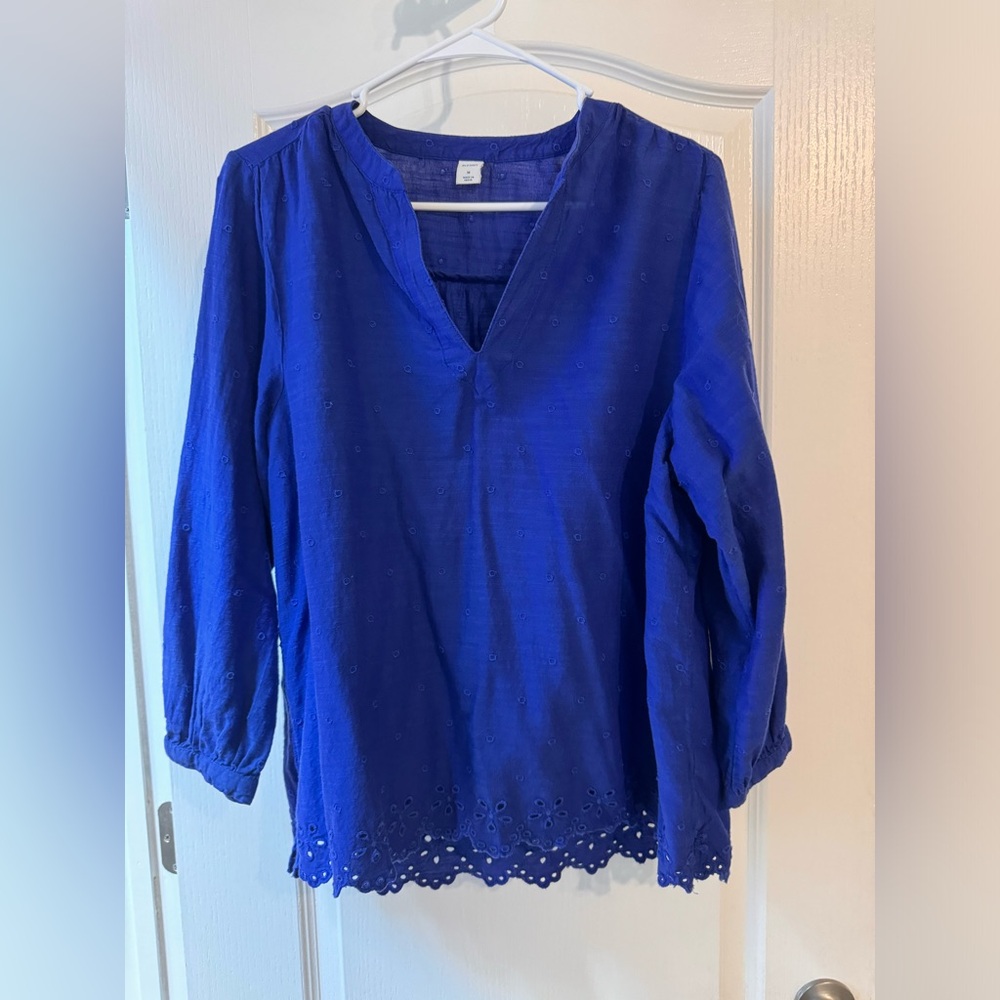 Boho Embroidered Cotton Eyelet Split Neck Blouse Sz M